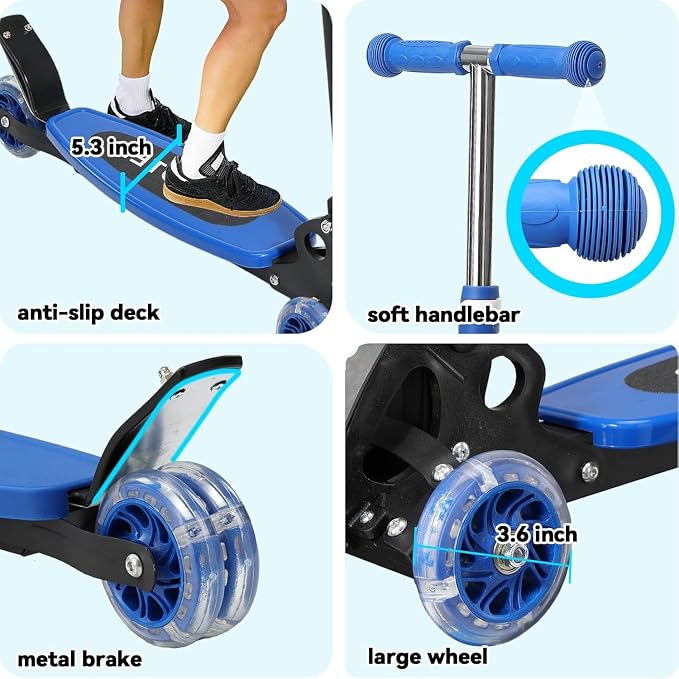Scooter for Kids Ages 3-5, LED Light Up 3 Wheel Toddler Scooter with 4 Adjustable Heights, Lean-to-Steer Wheels, Safe Metal Brake, Foldable Kick Scooter for Boys Girls, Support 120 lbs, Birthday Gift