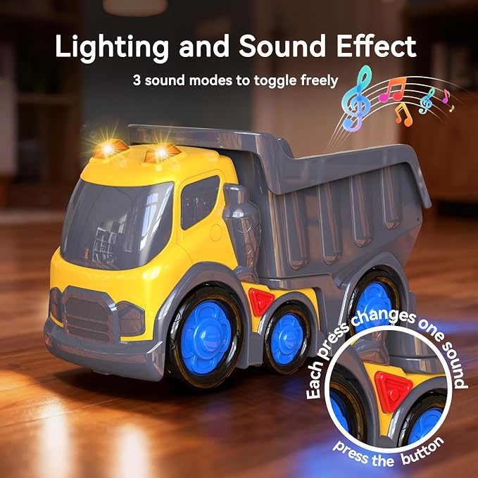 P&C 12.2" Toddler Construction Dump Truck Toys for Ages 2-4, Beach Sand Outdoor Toy Cars Dump Truck Set with Sounds and Lights for Kids 18M+, 2, 3, 4, 5, Ideal Birthday Christmas Gifts for Boys Girls