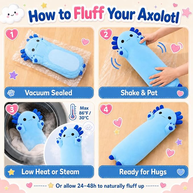 Long Axolotl Stuffed Animals 27.6 inch, Soft Long Axolotl Plush Pillow Cute Plush Pillow Gifts for Kids Girlfriend, Blue
