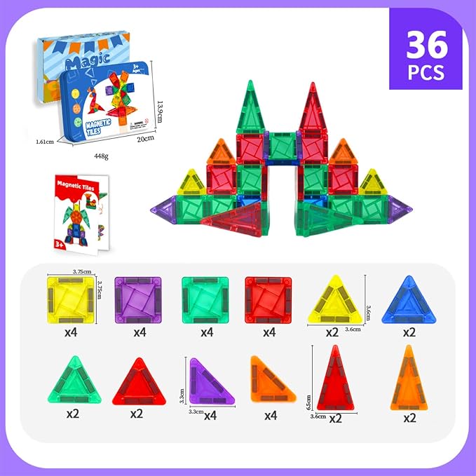36PCS Mini Magnetic Tiles, Travel Toddler Toys Set, Magnetic Building Blocks, Portable STEM Kids Toys for 3-8 Years Old Boys Girls Birthday, Montessori Preschool Learning Sensory Toys