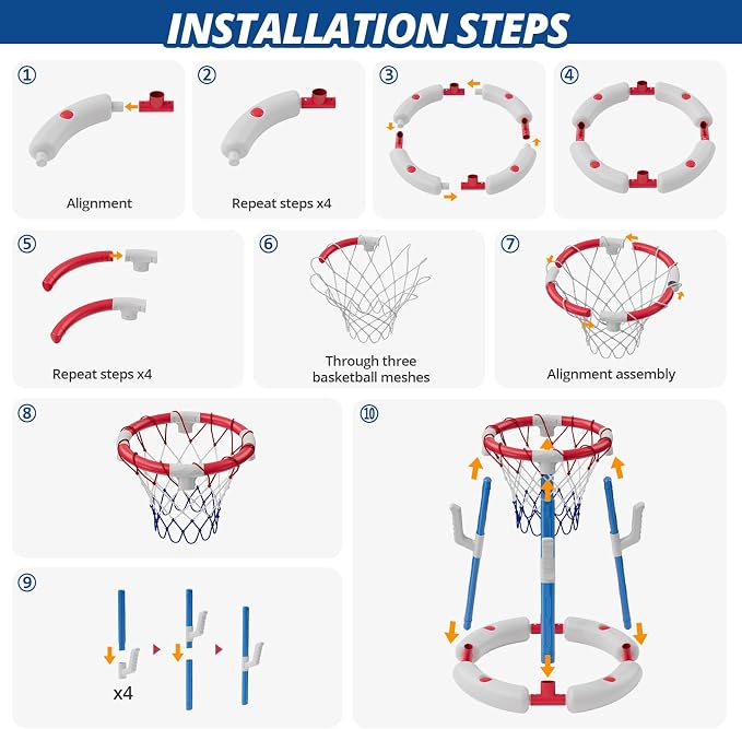 HYES 2 in 1 Pool Basketball Hoop with Ring Toss, Floating Pool Toys - Anti-Tip Stable Base - with 4 Balls/8 Rings/Pump - Summer Water Basketball Games Indoor Outdoor Gifts for Kids 4-8 & Adults, Red