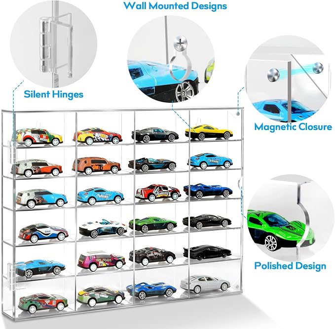 Acrylic Display Case for Hot Wheels, Toy Car Storage for 1/64 Scale Diecast Cars, Matchbox Garage, Collectible Model Cars, No Assembly Required, Magnetic Door Dustproof Showcase