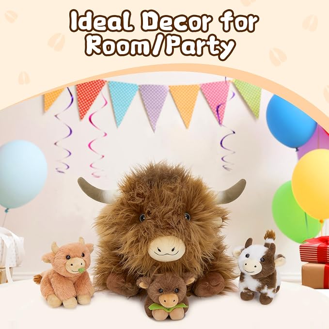 MorisMos Highland Cow Stuffed Animal with Baby Inside Belly,20'' Mommy Brown Highland Cow Gift for Kid Girl Boy Hyland Cow Pillow, Cute Farm/Wildlife Stuffed Animals for Birthday Party Decor