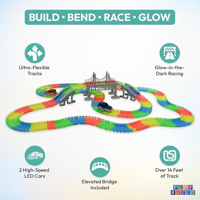 Speed Tracks Flexible Race Track Set - 360 Piece Bendable Glow in The Dark Race Track for Kids with 2 LED Toy Race Cars & Bridge - 14+ Ft Bendable car Race Track Toy for Kids Ages 3+