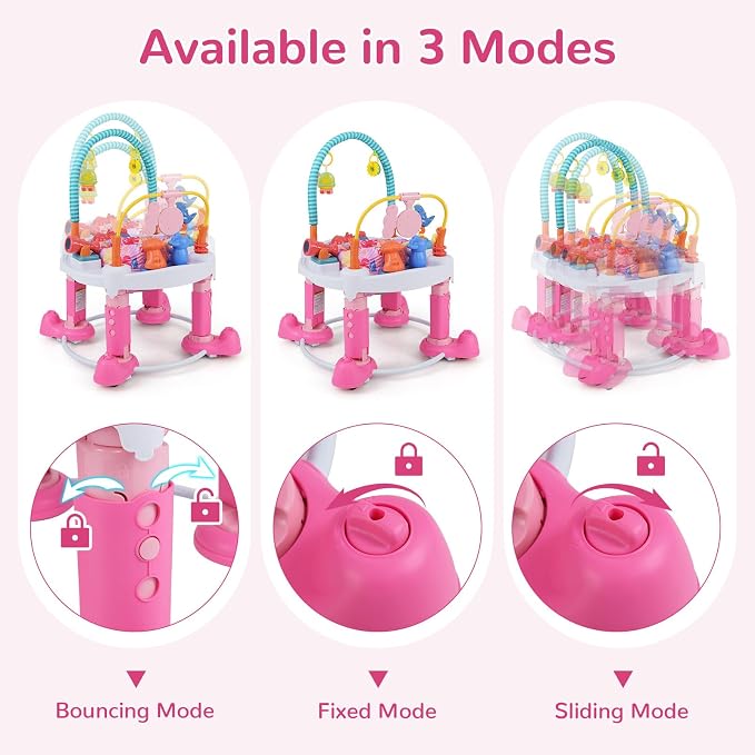 INFANS Baby Bouncer Activity Center, 5 in 1 Toddler Bouncing Activity Saucer Playtime Mat Activity Table with 360°Rotating Seat, 3 Adjustable Height, Foldable Exersaucer Learning Walker (Pink)