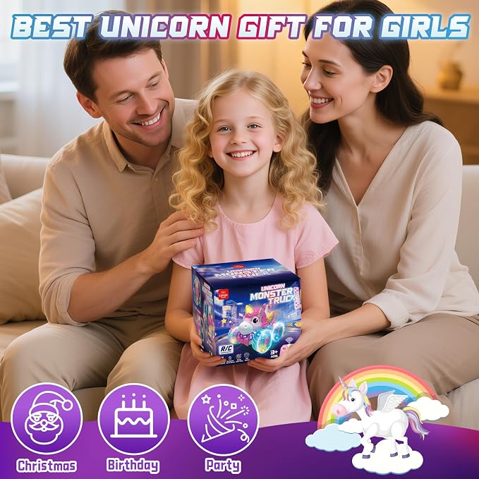Lehoo Castle Remote Control Car for Girls 360° Rotating, Unicorn Monster Truck with Light & Music, 4WD All Terrain RC Stunt Car Rechargeable, 2.4GHz RC Truck for 3 4 5 6 7 8 Girls Birthday Gift