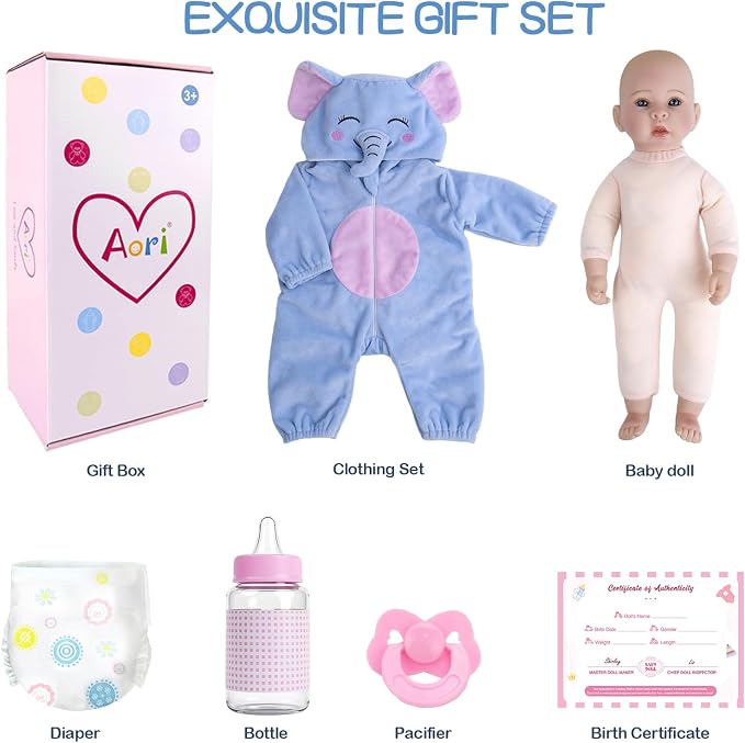 Aori Baby Doll Boy 17 inches, Real Life Baby Boy Dolls with Feeding Kit Included, Life Like Newborn Boy Baby Doll that Look Real, Ideal Gift for Kids, Birthday, Pretend Play