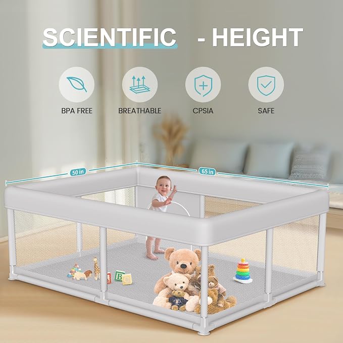 Hiaksedt Large Baby Playpen 65x50 Inch, PlayPen for Babies and Toddlers, Sturdy Safety Play Yard for Indoor & Outdoor with Zipper Gate