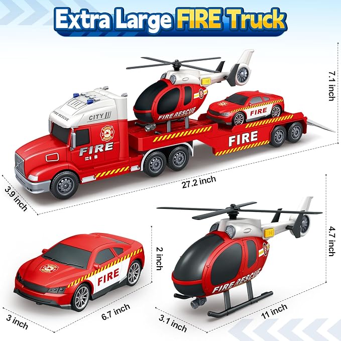 Kids Toys for 3 4 5 6 7 8 Years Old Boys, 27" Fire Truck Toy with Racing Car and Helicopter, Toddler Friction Powered Truck Vehicle Toy with Lights, Sounds for Boys Girls Christmas Birthday Gifts