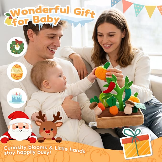 Jollybaby Baby Toys 6-12 Months - Vegetables Garden Plant Plush 11PCS - 6 Month Old Toys Montessori Sensory Toy Mushroom Carrot Boy Girl Gifts Toddler Easter Basket Stuffers