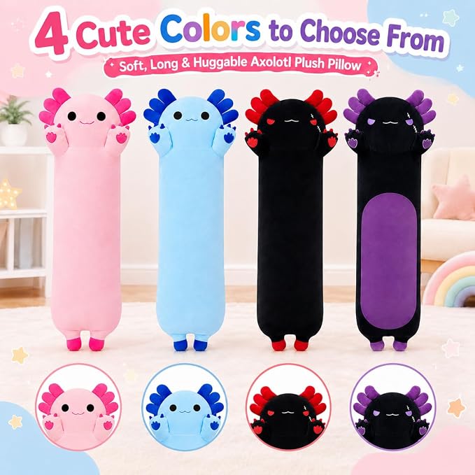 Long Axolotl Stuffed Animals 35.4 Inch, Soft Plush Pillow Cute Body Pillow Gifts for Kids Girlfriend, Black&Red