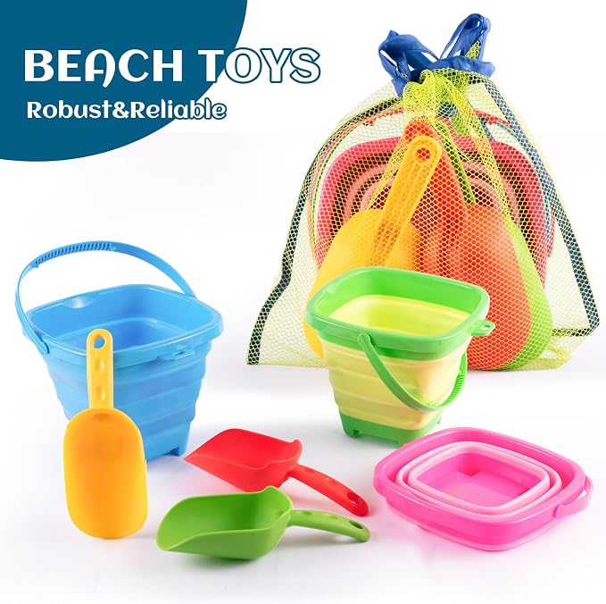 Collapsible Beach Toys for Kids & Toddlers, 3 Pack Foldable Silicone Sand Buckets with 3 Shovels & Mesh Storage Bag, Portable Water Pail for Easter Egg Hunt, Camping, Travel