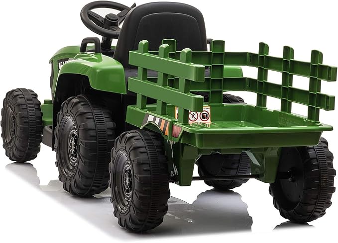 TOBBI Kids Electric Ride On Toy Tractor, Toddlers 12V Battery-Powered Car to Drive, 35W Dual Motor 6-Wheels Trailer Vehicle with 3-Speeds/LED & Horn Functions for Chirdren Aged 3-8-Dark Green
