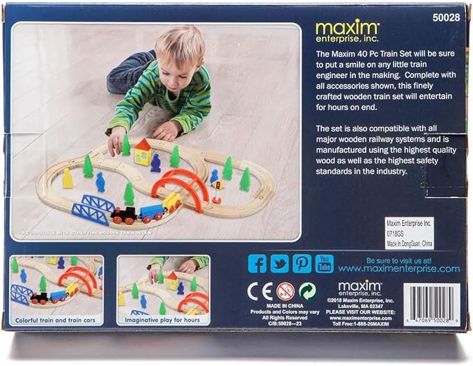 maxim enterprise, inc. 40 Pc Wooden Train Set, Complete Toy Railway with Straight and Curved Tracks, Wood Engine, Cars, Hauler, Signs, and More, Compatible with All Major Brand Accessories, Age 3+