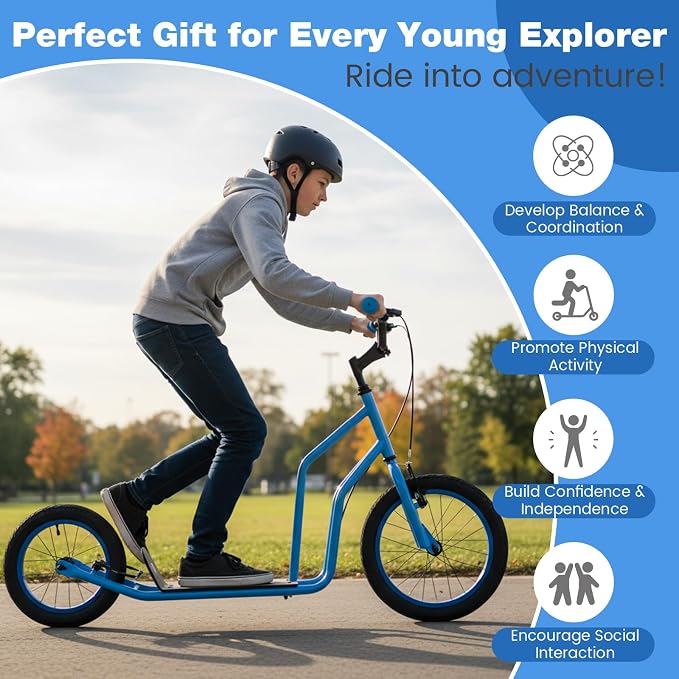 Costzon Big Wheels Kick Scooter for Kids 8+, Youth Scooter with Foldable & Height Adjustable Handlebar, Inflatable Shock Absorption Wheels, Dual Brakes for Teens, Adults, Max Load 220 LBS