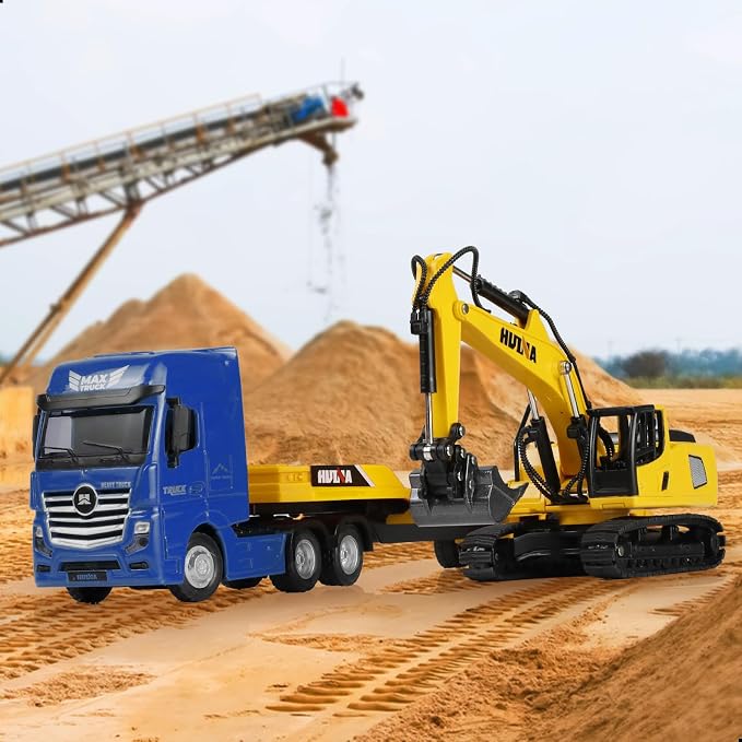 Semi Truck Toy and Trailer, 1/50 Scale Diecast Alloy Metal Semi and Trailer Model Gifts for Boys Adult Model Car Collector (10.Semi Truck and Excavator Set-Blue)