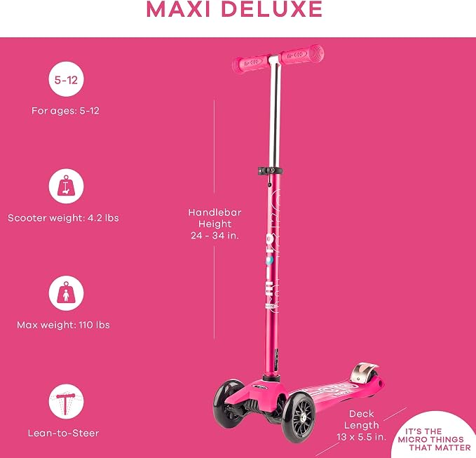 Micro Kickboard | Maxi Scooter for Ages 5-12 | Children up to 110 lbs | 3 Wheel Lean-to-Steer Design | Adjustable T Bar | Smooth Ride PU Wheels | Swiss Design