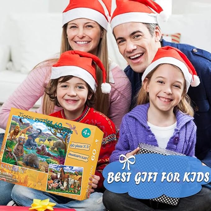 RANSUNN Puzzles for Kids Ages 4-6 - Farm & Wild Animal,2 Packs 60 Piece Puzzle for Kids Ages 3-5 6-8,Toddler Children Learning Educational Jigsaw Puzzles Toys for Boys and Girls.