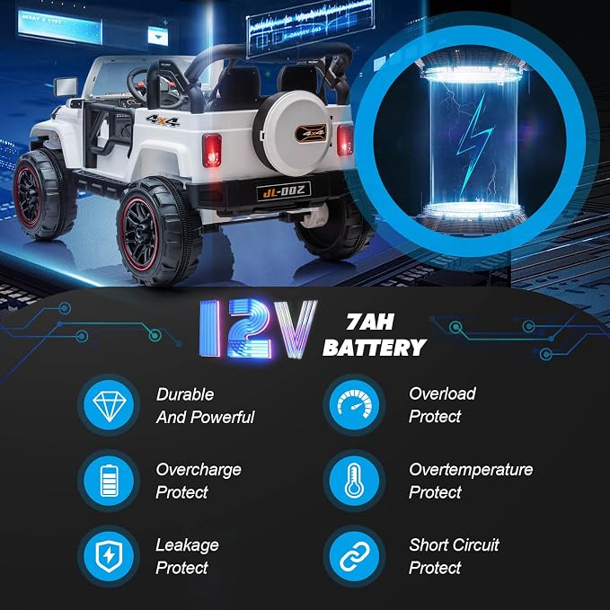 2 Seater Ride On Truck and Car Cover, 12V Children's Electric Car with Parental Remote Control, Music, Bluetooth, MP3 Player, LED Lights, Spring Suspension, White