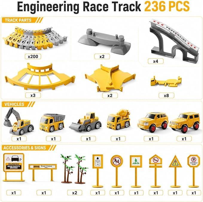 Kids Flexible Construction Race Track Set for Boys 3-5, STEM Building Toys with 2Race Cars & 4 Engineering Vehicles (Excavator, Cement Truck), DIY Car Tracks Birthday Gifts for Toddlers Ages 4-6 Years