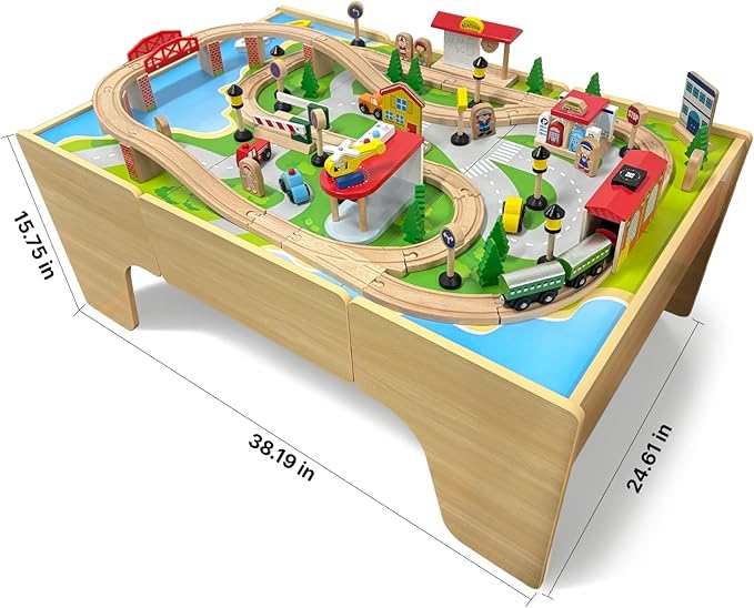 Wooden Train Set & Table for Toddlers, Reversible Activity Table with Storage Drawer, Compatible with Thomas, Birthday Gift for Kids Ages 3-7