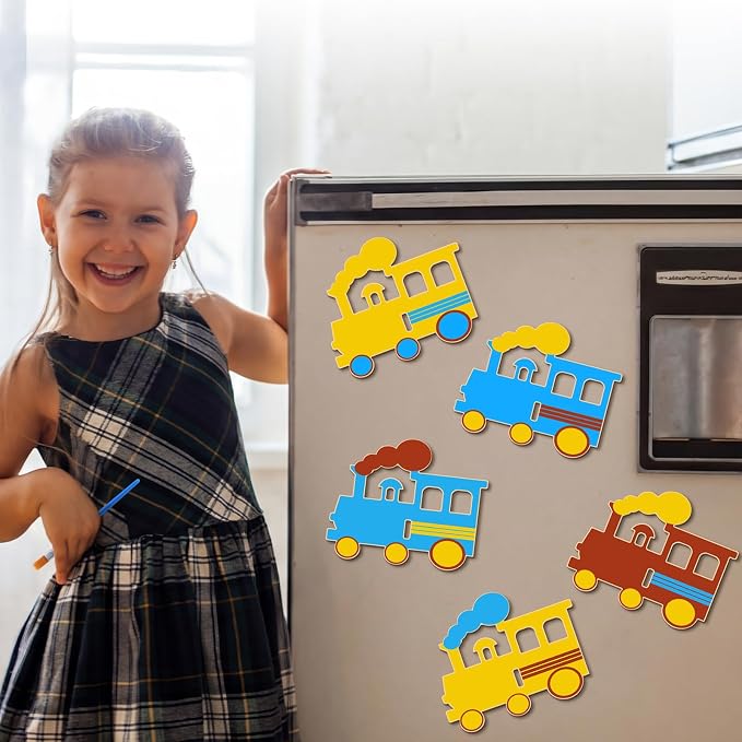 Seenelling 24 Set Train Birthday Party Favor Craft Include 24 Pcs DIY Wooden Painting Art Kit 24 Pcs Magnets 24 Gift Card 24 Wood Coloring Paint Gift 24 Transparent Bags Bulk for Classrooms Supplies