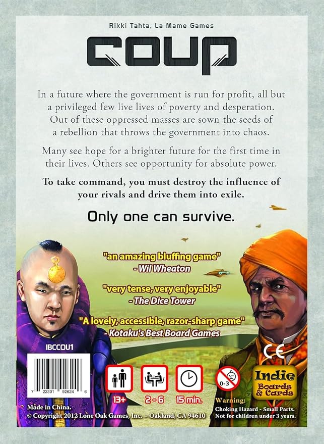Coup Card Game by Indie Boards & Cards | Fast Bluffing and Social Deduction Strategy | Hidden Roles, Deception, and Player Interaction | Quick 15-Minute Game for 2–6 Players | Adults, Teens, Families