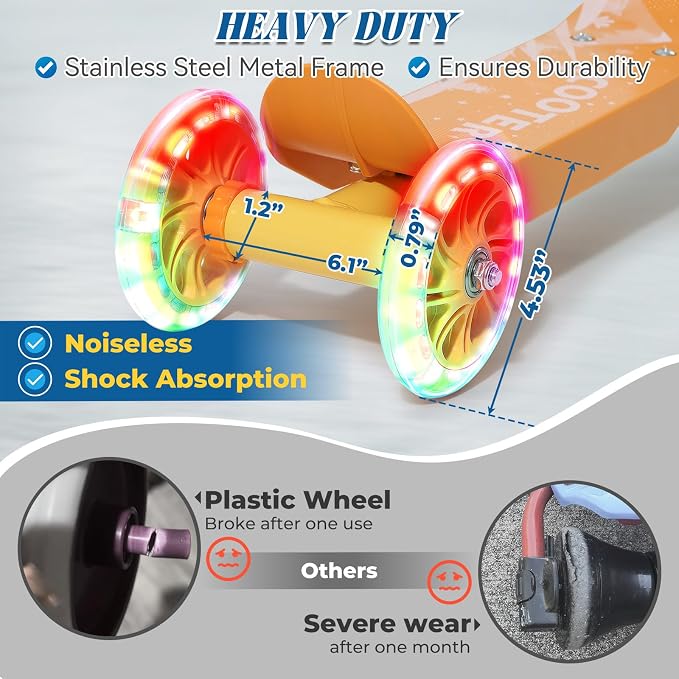 Kids Scooter Ages 3-7, 3 Wheel Scooter with LED Light Up Wheels, Safer Steering & Adjustable Handlebar, Wide Anti-Slip Deck, Heavy Duty Metal Kick Scooter for Boys Girls Toy Gift, Up to 110 lbs
