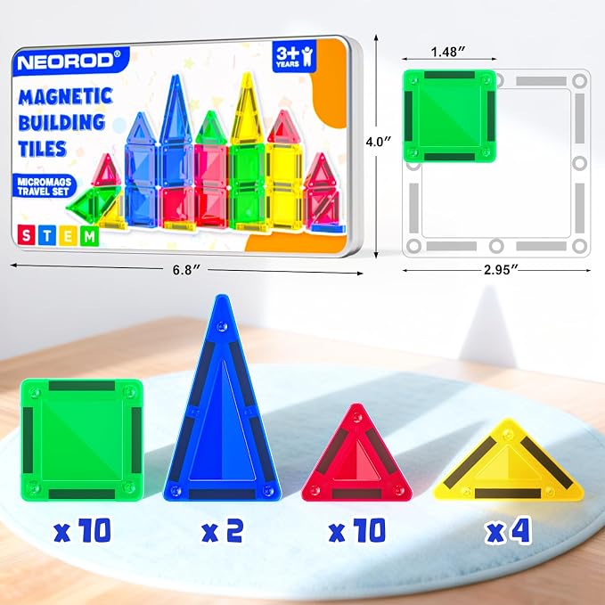 NEOROD Mini Magnetic Tiles Travel Set – Portable STEM Building Blocks for Quiet Play on The Go | Compact Magnet Toys & Road Trip Essentials | Educational Gift for Boys & Girls Ages 3+