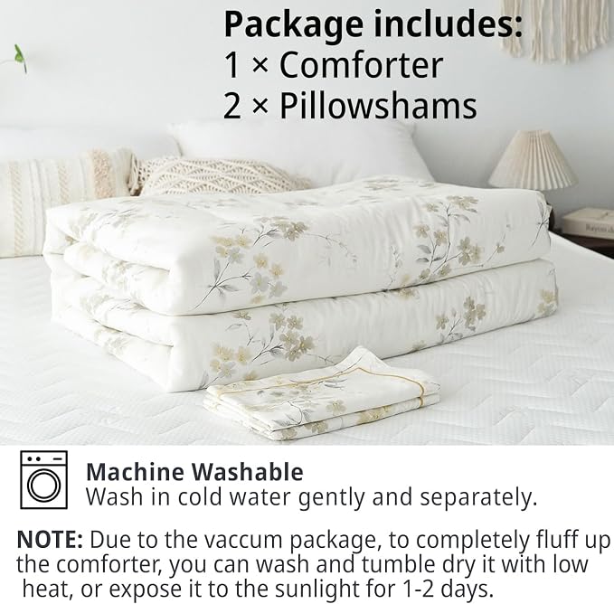 LEMIROE Floral Cotton Comforter King Size - Cream Comforter with Luxurious Grey Branches & Subtle Beige Blossoms,Reversible Lightweight Bedding Sets 3Pcs(104"×90")