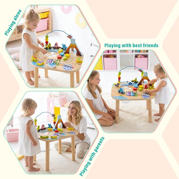 Montessori Activity Table for 1 Year Old, 9-in-1 Wooden Activity Table with Adjustable Height, Train, Shape Sorter, Xylophone, Baby Sensory Educational Learning Toys, Birthday Gift (Dinosaur)