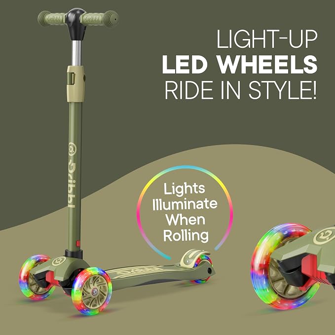 Dribbl 3-Wheel Kids Scooter - Lean-to-Steer Technology, Adjustable Height Handlebar, Wide Anti-Slip Deck, Scooter for Boys & Girls Ages 3+, Child Safety Approved, Support Riders Up to 165 lbs, Army