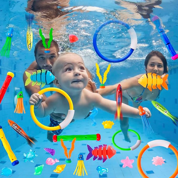 YUJUN 35PCS Pool Diving Swimming Toys, Summer Underwater Game Toys with Pool Fishes Dive Sticks Rings Gems Storage Bag for Kids Swim Birthday Party Favors