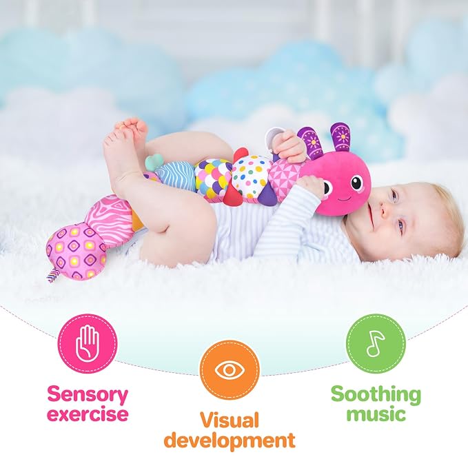 KMUYSL Baby Sensory Caterpillar Toys for 0-6 6-12 Months, Soft Plush Activity Toy with Crinkle, Rattle & Gentle Music, Tummy Time Toy for Infant Newborn, Early Development Toy Shower Gifts for Baby