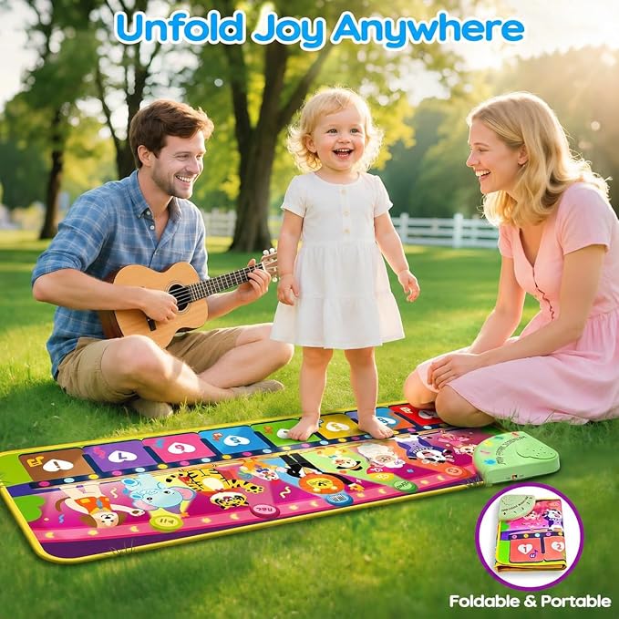 MOMUSE Music Piano Mat 5-Language (EN/DE/FR/IT/ES) for 3 4 Year Old Boys Girls, Multilingual Education Baby Toy with 9 Animals & Recording, Portable Toddler Infant Kids 3+ Christmas Birthday Gifts
