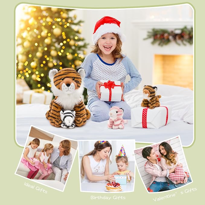 MorisMos Tiger Stuffed Animal with Babies Plush Set, Realistic Mommy Stuffed Tiger Plush with 3 Baby Cubs Inside, Wild Zoo Animal Toys for Kid Toddler Christmas Decor Birthday Gift Jungle Themed Party