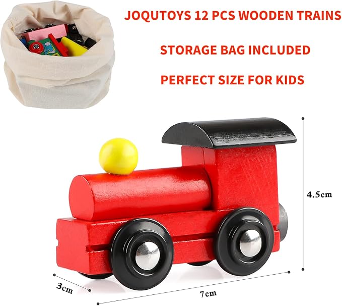 12 PCS Wooden Train Cars, Train Toys Magnetic Set Includes 3 Engines and Storage Bag, Toy Train Sets for Kids Toddler Boys and Girls, Compatible with Major Brands Train Tracks Set