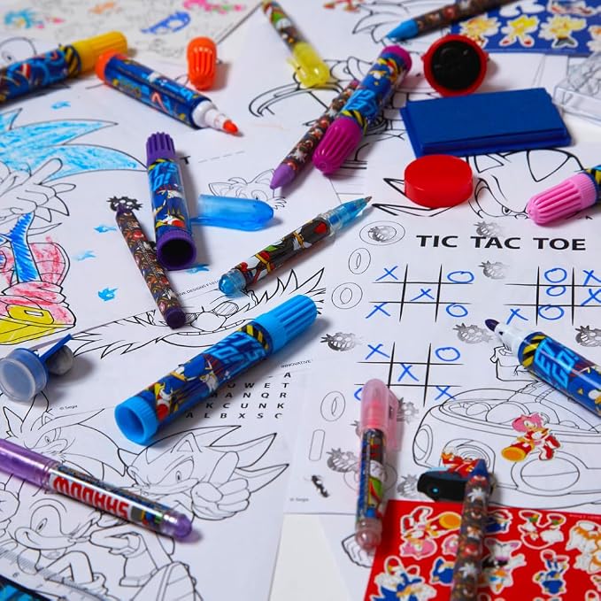 Sonic the Hedgehog Deluxe Activity Set, Carrying Tin & Art Supplies for Kid | 200+ Piece Art Set with Sonic Coloring Pages, Sticker Book, Markers, Crayons, Storage Tin, Knuckles, Shadow, Tails, Echidna