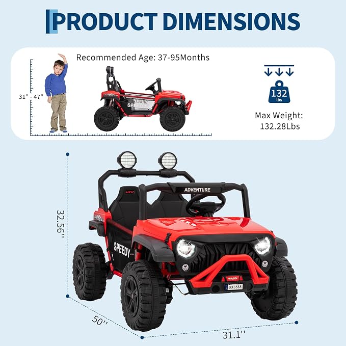 2 Seater Ride on Car for Kids, 24V Ride on Toy, Fast 4.97MPH Truck, 4WD Kids Electric Vehicles with Remote Control, Spring Suspension, Front & Behind LED Lights, Dual Storage, 3 Speeds, Music, Red