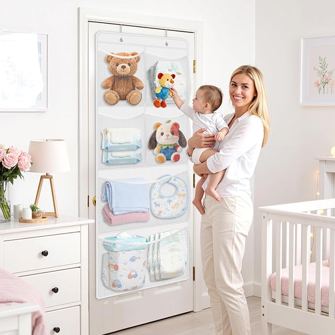 SpaceHacks Stuffed Animal Storage - Large Over the Door Organizer with 6 Expandable Mesh Pockets & Metal Hooks, Non-Woven Fabric Hanging Plush Items Holder for Nursery, Bedroom, Playroom (White)