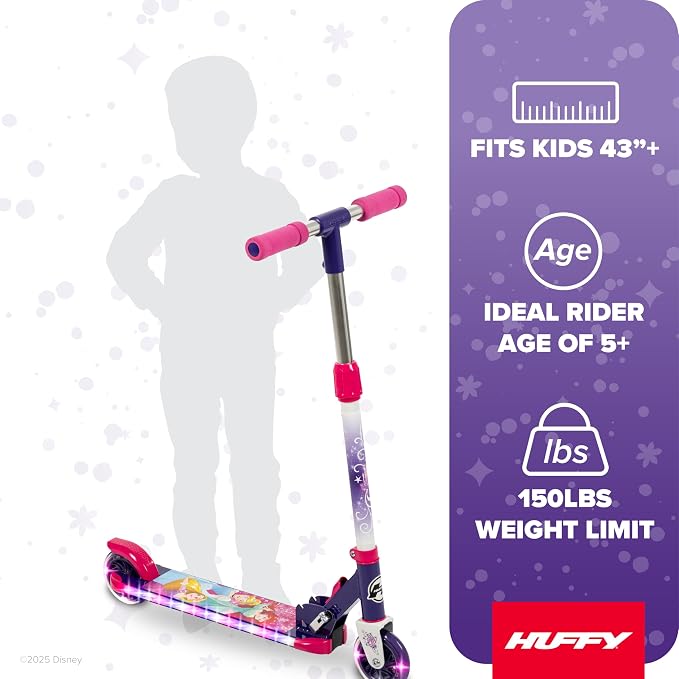Huffy Light Up Inline Scooter for Kids, 2 Wheel Kick Scooter with LED Lights and Rear Brake, Foldable, Adjustable Handlebar on Select Models, Durable Frame, Licensed Character Graphics