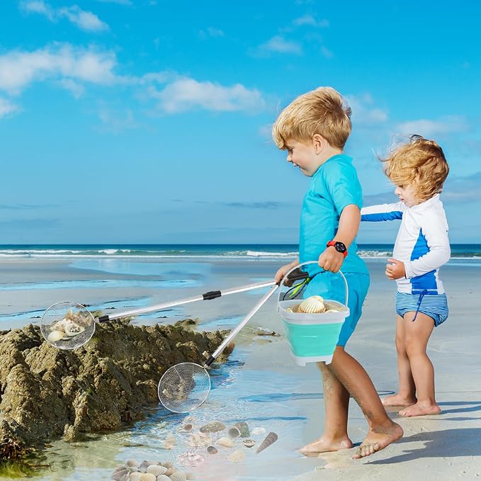 fethwoin Shark Tooth Sifter, Beach Sand Sifter, Sea Shell Scooper for Beach, Shell Bags&Foldable Bucket, Sand Beach Toys for Kids 6 8 10 12, Medium, Blue