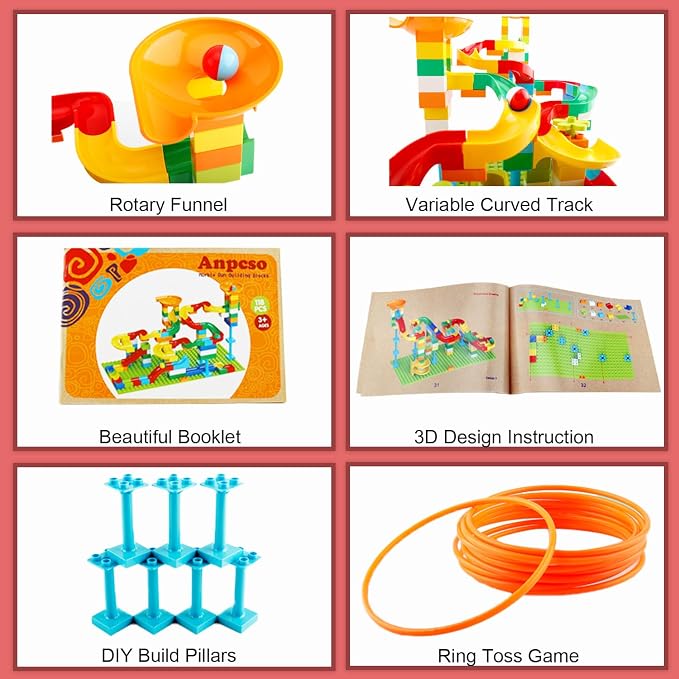 Anpcso Marble Run Building Blocks for Kids Age 3-8, 128 Pcs STEM Building Bricks Set with Toss Ring Game, Educational Learning Toys for Toddlers Boys Girls Gifts- Compatible with All Major Brands