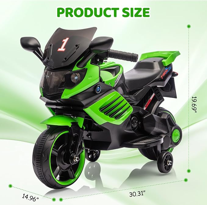 Kids 6V Ride On Motorcycle, Battery Powered Ride On Toys w/Treaded Tires, Working Headlight, Horn, Music, Training Wheels, Stable Electric Toddler Motorcycle for Kids, Gift for Boys Girls, Green