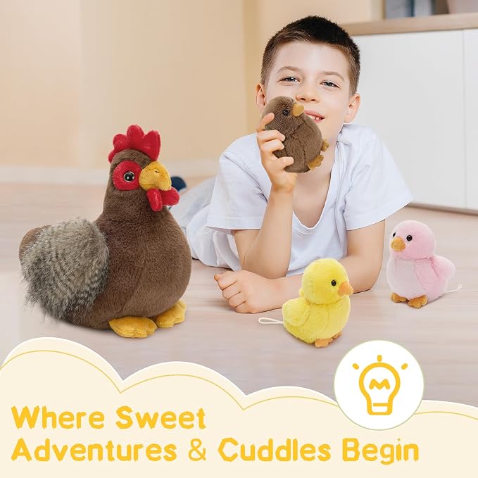 4 Pcs Easter Chicken Plush Set, Mom Hen Stuffed Animal with 3 Stuffed Wind Up Chicks Toy in Mother Chicken's Belly, Christmas Birthday Gift for Kids Girls Boys, Animal Theme Party Decor
