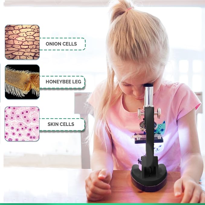 IQCrew By AMSCOPE KIDS - Black Metal Arm Starter Kids Student Compound Microscope Kit with Fossil Dig Activity Kit and Insect Slides