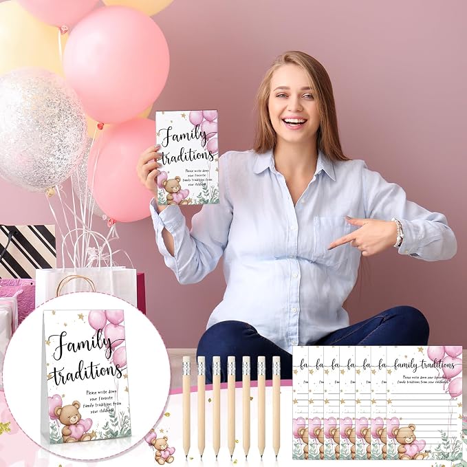 Fumete 61 Pieces Family Tradition Baby Shower Games Include 1 Family Traditions Standing Sign and 50 Activities Cards with 10 Pencils for Gender Reveal Bridal Shower Wedding(Pink,Bear)
