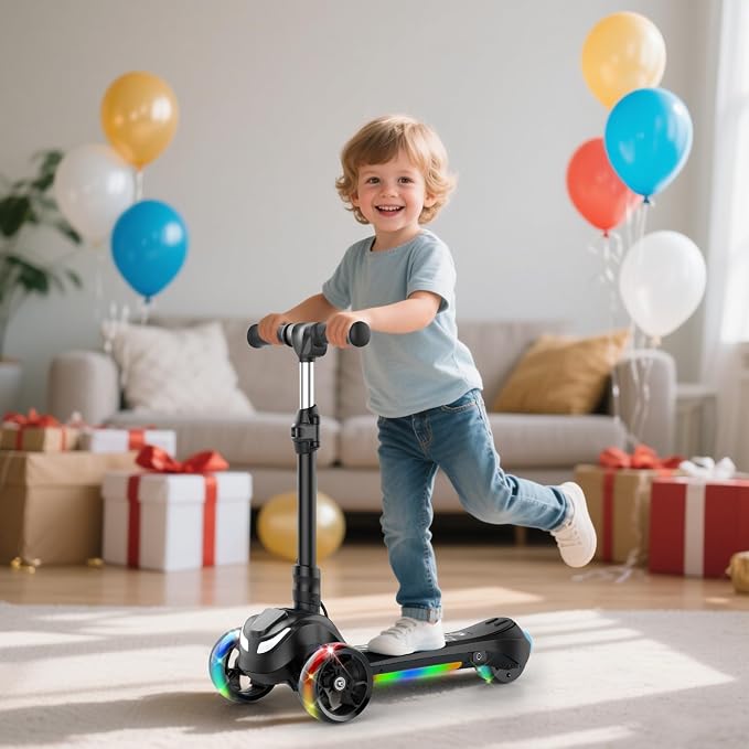Electric Scooter for Kids Ages 3-8, 3 Wheels Electric Scooter, Electric Kick Scooter with 2 Speeds, Long Battery Life, Flashing LED Wheels, Adjustable Height, B2 with Bluetooth Music for Boys/Girls