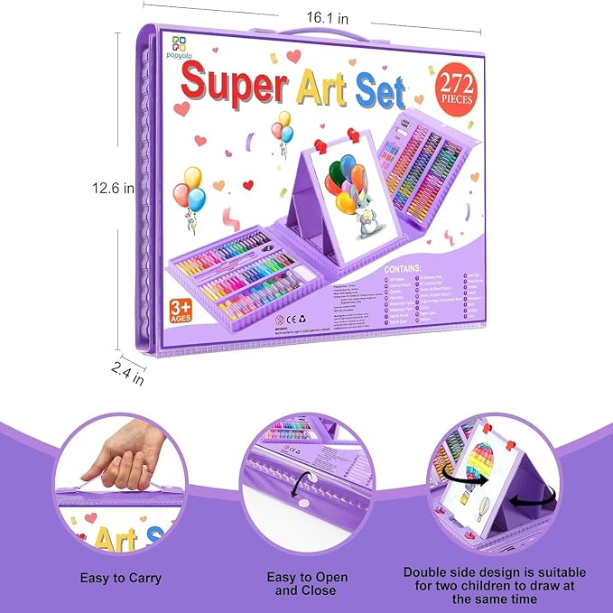 Art Supplies, 272 Pack Art Set Drawing Kit for Girls Boys Teens Artist, Deluxe Gift Art Box with Trifold Easel, Origami Paper, Coloring Pad, Drawing Pad, Pastels, Crayons, Pencils, Watercolors(Purple)