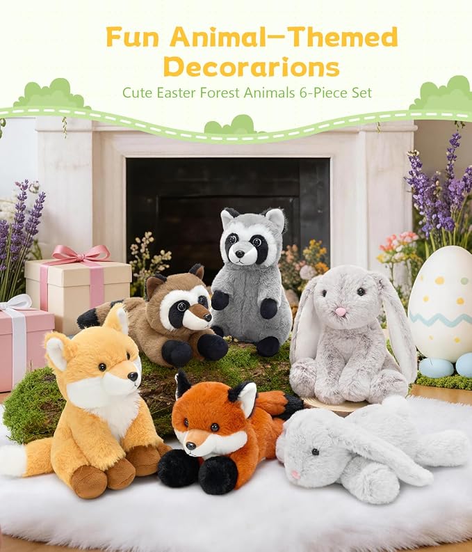 Tezituor 6 Pack Woodland Stuffed Animal Plush Toys, 8 inch Cute Bunny Fox Raccoon Plush Bulk Set, Cuddly Gift for Toddlers & Adults, Ideal for Nursery Decor & Party Favors